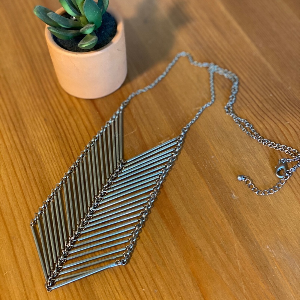 Long silver chevron bib necklace